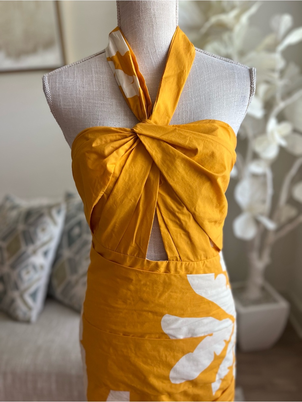 Johanna Ortiz Chiricahua Printed Cotton Poplin Mustard Yellow Halter Dress 2 - Picture 3 of 9